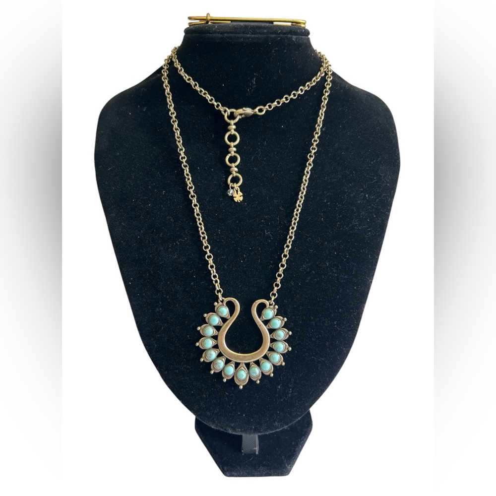 Lucky Brand Turquoise Semi Precious Stones Lotus Pendant Necklace